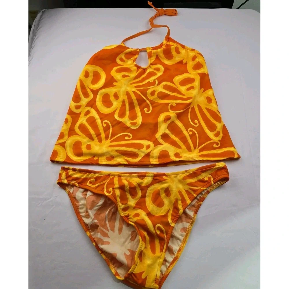 Venus Butterfly Print Tankini Swimsuit Set Womens L 14 Orange Yellow Halter Y2K